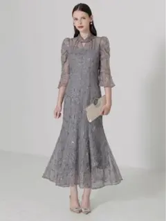 スパンコール花柄パフスリーブマーメイドワンピースドレス結婚式成人式パーティー