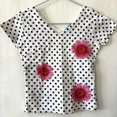 ドット柄 花柄プリント Vネック 半袖Tシャツ　anna kerry Mサイズのサムネイル