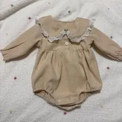 ベージュ コーデュロイロンパース レース付き襟