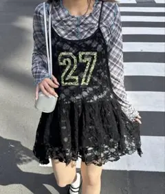 レースチュニックナンバリングイレヘムワンピース　ブラック