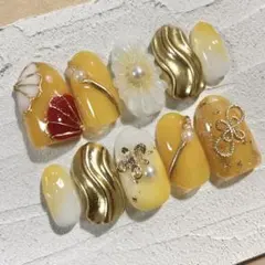【現品】ぷっくりフラワーネイル　橙色　オレンジ系　マンゴー　花　振袖　成人式　白