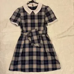 evelyn チェック柄 ワンピース 襟付き リボン付き 膝丈 ネイビー