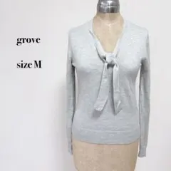 .grove ニット リボンデザイン ライトグレー M 長袖 Vネック きれいめ