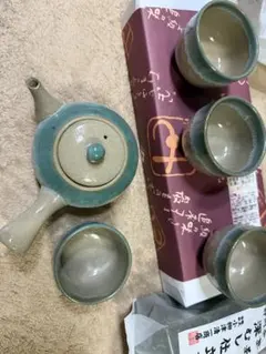 猫*猫様 青緑色の急須と茶碗4個セット