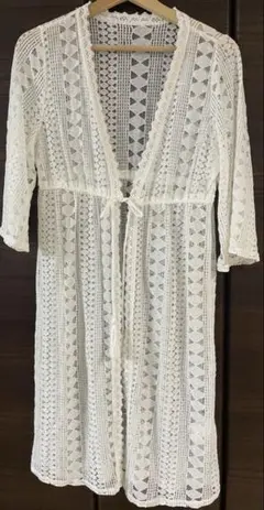 長袖シアーロングレース 深Vネック ホワイト 刺繍レースカーディガン 七分丈