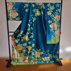 振袖 正絹 青　ラメ入り　古典　花柄　裄67.5㎝ 　成人式 中古 Ｃ-85 振袖 正絹 青 ラメ入り 古典 花柄 裄67.5㎝ 成人式 中古 C-85の通販