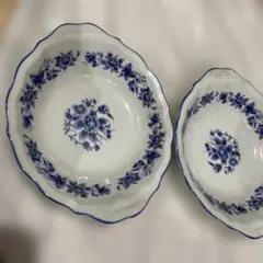 ブルー＆ホワイト 花柄 楕円形カレー　シチュー皿　2点セット　昭和レトロ