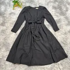 ウールロングワンピース【F】ブラック　長袖　パワショル　ウエストリボン　金ボタン
