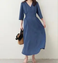 ナチュラルクチュール　レトロ小花ワンピース　ネイビー　高身長　L