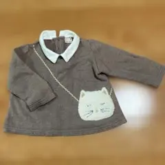 猫の顔刺繍ブラウントップス