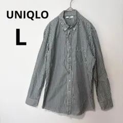 美品 UNIQLO メンズ L グリーン コットン ブロードストライプ シャツのサムネイル