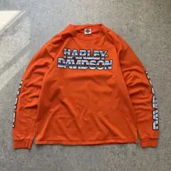 00s Harley ハーレーダビッドソン 長袖 ロゴプリントTシャツ オレンジ