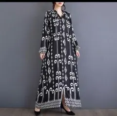 モード系大きいサイズレディース　エスニック模様長袖シャツワンピース