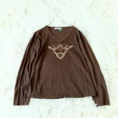 ダナパリDANA PARIS 刺繍スパンコールウールニット セーター48ブラウンのサムネイル