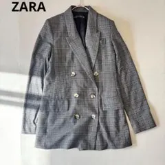 【ザラ】テーラードジャケット　チェック　グレー　ミドル丈　オシャレ（XS）