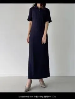 半袖 ハートボタンストレッチジャガードポロワンピース ネイビー 紺 M