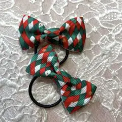 クリスマス赤と緑のストライプリボンヘアゴム2個セット