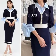 新品タグ付 ロイヤルパーティー シャツレイヤード風配色タイトワンピース ネイビー