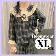 【XLサイズ】パジャマ ルームウェア 長袖 ネイビー チェック 部屋着 フリル