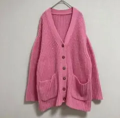 HUNCH ハンチ Ｖネック リブニット カーディガン 【F】 ピンク 厚手