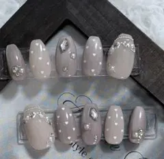 現品♡秋ネイル ガーリー スナ系 ハートホロ ビジュー リボン ネイルチップ