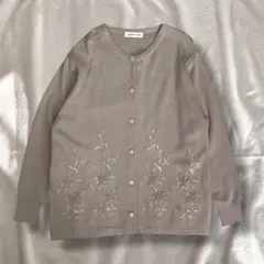 vintage 花刺繍 ニットカーディガン ウール混 グレージュ レトロ 長袖