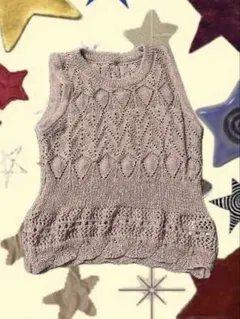ベージュ レース編み ノースリーブニットベスト