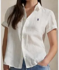 美品✨ラルフローレン 現行QRタグ リネン半袖BDシャツ ライトグレー