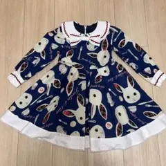 ウサギ柄ワンピース　紺　100cm