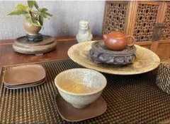 【宜興紫砂】段泥 茶托 4客セット 陶印「張明」沈紅英ゆかり 中国茶器 真作
