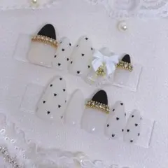 【No.14】ネイルチップオーダー ハートドットゆらゆらリボンネイルチップ