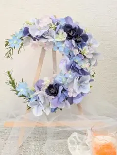 紫陽花リース　三日月リース　造花リース　フラワーリース　玄関リース　ハーフリースのサムネイル
