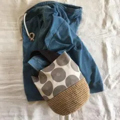 あんぱん柄とリネンの麻紐バッグ　ハンドバッグ