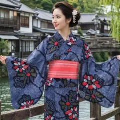 新品 有松鳴海絞り単衣 着物 浴衣 朝顔 天然 藍染 居敷当て 藍青系
