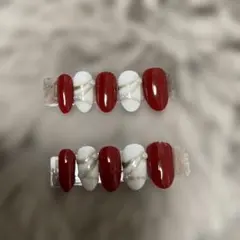 赤と白のパール装飾ネイルチップ 10個セット