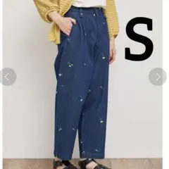 サマンサモスモス　花柄刺繍入りデニムツイルカーブパンツ　S ブルー　SM2