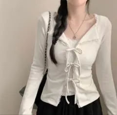 SONA 韓国 リボンレースレイヤード長袖Tシャツ