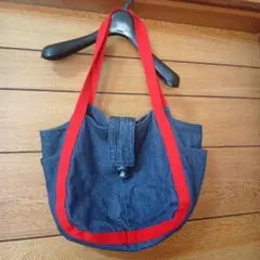 デニムトートバッグ　ハンドメイド 持ちて赤 左右ポケット　内ポケット付きのサムネイル
