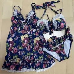 【新品未使用】エメフィール　花柄　水着　M　ブルー　３点セット