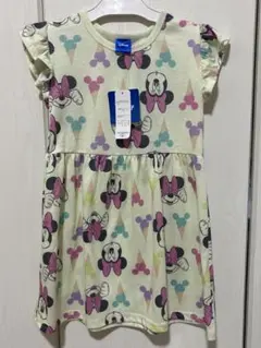 新品　110cm Disney ミニーマウス 総柄ワンピース キッズ 黄緑