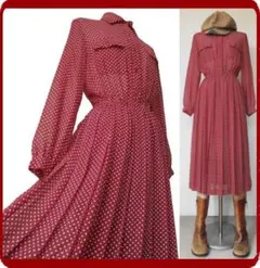古着♪レトロ・赤ドット柄プリーツワンピ♪水玉70年代60年代ヴィンテージ昭和