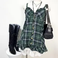 y2k❤️00s LIZLISA doll チェック金ボタンリボンフリルチュニック