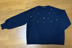 ビジュー付きネイビー長袖セーター L