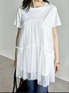 夏物処分Re：EDIT（リエディ）チュールドッキングチュニックTシャツホワイトM