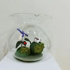 ガラス製草花置物 猫フィギュア付き