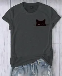 即日発送レディース　Tシャツ黒猫半袖 グレー猫柄　猫プリント　猫　ネコねこ XL