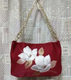 【未使用品❗】花柄ハンドメイドミニバッグ／着物、帯／赤、白