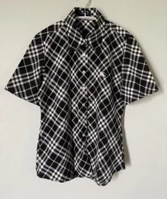 バーバリーロンドン　ロゴ刺繍入り黒白チェック半袖シャツレディースL