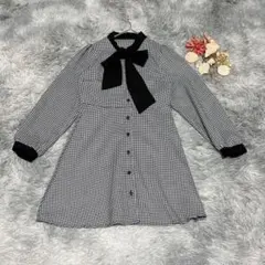 GRL グレイル（S）長袖 フレアワンピース ミニ丈 チェック柄 リボンタイ