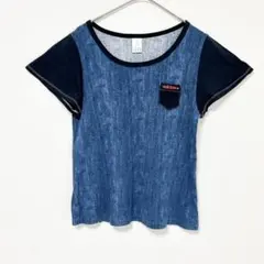 ◆アディダスネオ　デニム風プリント　半袖　切替　シャツ　ロゴ刺繍　綿100　Lのサムネイル